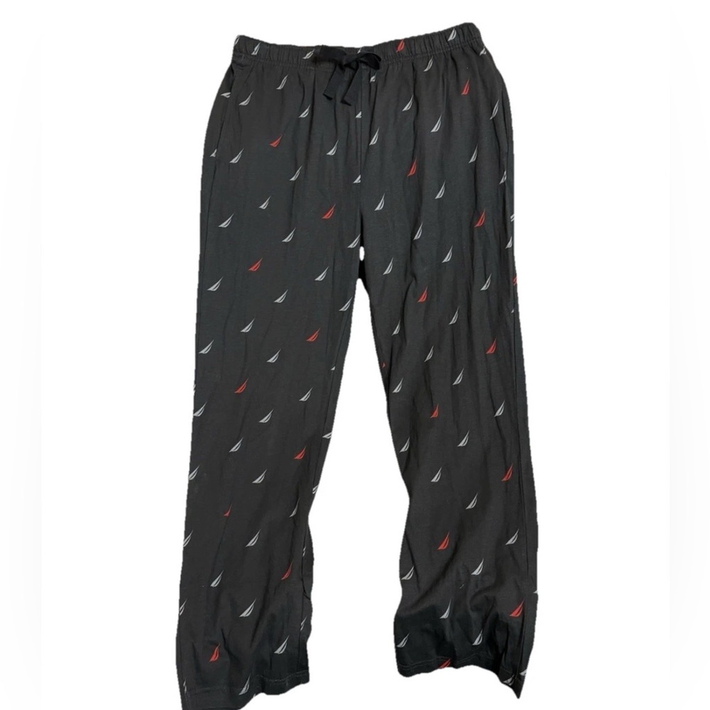 Nautica Pajama Pants Mens Size Medium Black Logo All Over Print Pull On Pockets